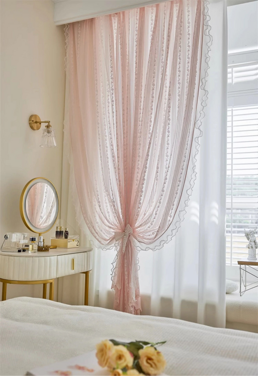Embroidered Rose Lace Tulle Curtain Elegant Pink Floral Vintage Blinds Drapery 1pcs
