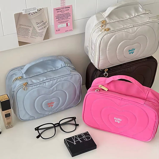 hello trip Quilted Puffer Embroidered Cosmetic Organiser Handheld Bag