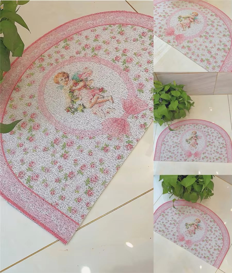 Elegant Baroque Kewpie Floral Pink Ribbon Vintage Door Mat Fibre Carpet