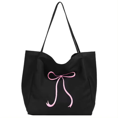 Embroidered Bow Ribbon Large Cotton Tote Shoulder Bag