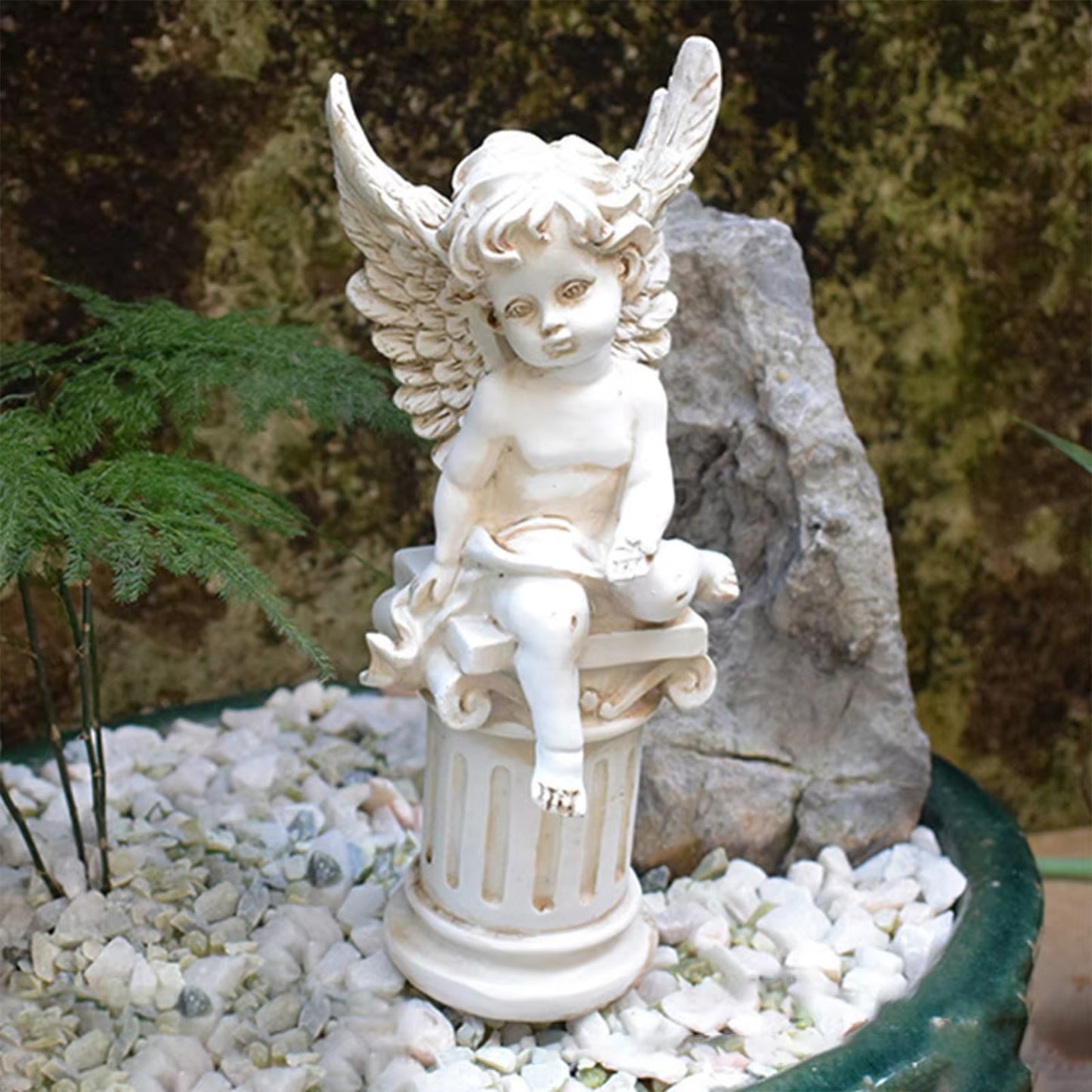 Matching 2pcs Stone Angel Cupid Pillar Vintage Statues