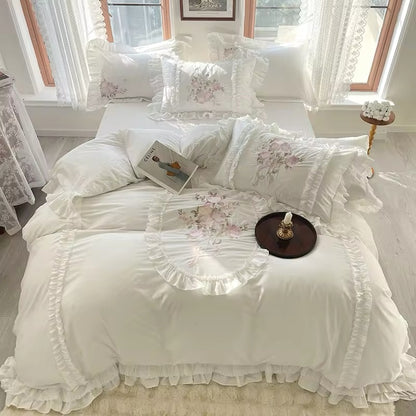 Floral Bouquet Pink English Rose Egyptian Cotton Vintage Ruffle hem Duvet Bedding Set