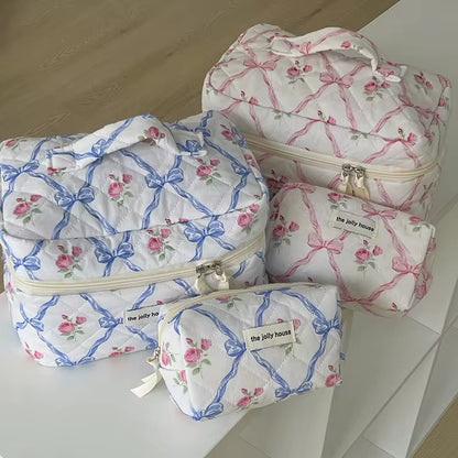 The Jolly House Quilted Cotton Coquette Style Bow Floral Cosmetic Organiser Bag 3 pcs Set
