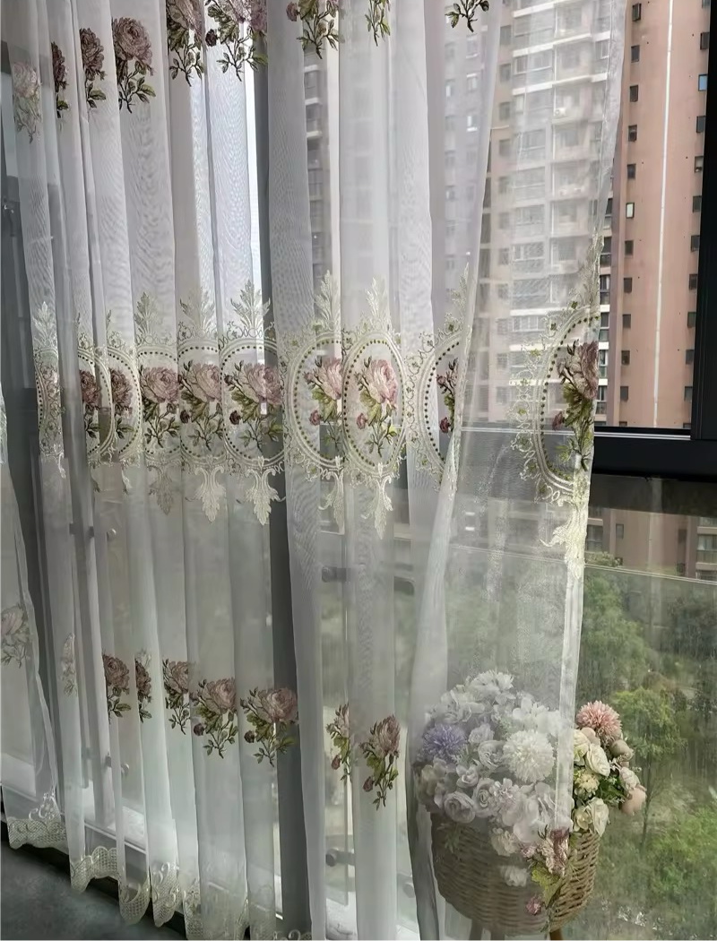 Embroidered Rose Lace Curtain Elegant Pink Floral Vintage Blinds Drapery