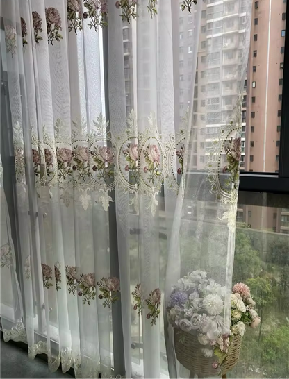 Embroidered Rose Lace Curtain Elegant Pink Floral Vintage Blinds Drapery