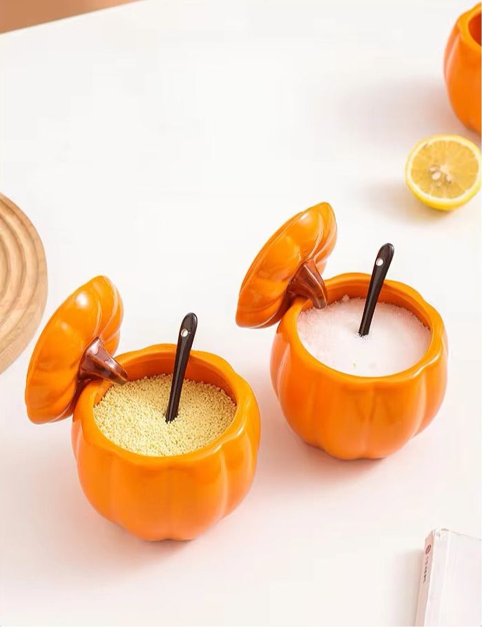 Autumn/Fall Vintage Pumpkin 3D Ceramic Handmade Sugar Bowl Jar & Spoon Set
