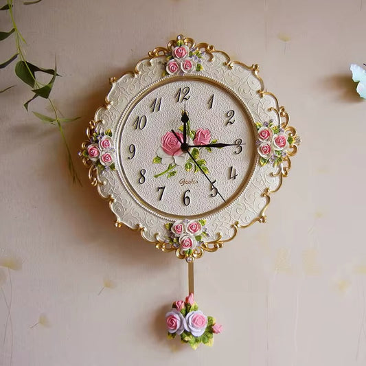 Vintage Pink French Rose Resin Silent Mechanical Wall Clock