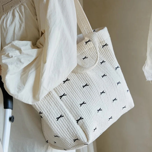 Quilted Bow Ribbon Pattern Handmade Quilted Cotton Large Tote Shoulder Bag