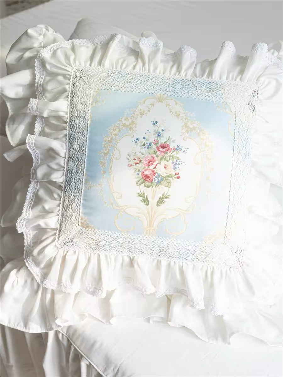 Pastel Blue Floral Pink Victorian French Bouquet Lace Princess Ruffle Hem Luxury Pillow Cover