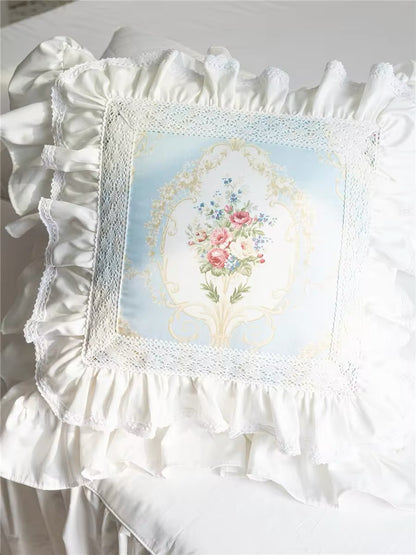 Pastel Blue Floral Pink Victorian French Bouquet Lace Princess Ruffle Hem Luxury Pillow Cover