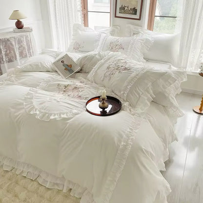 Floral Bouquet Pink English Rose Egyptian Cotton Vintage Ruffle hem Duvet Bedding Set