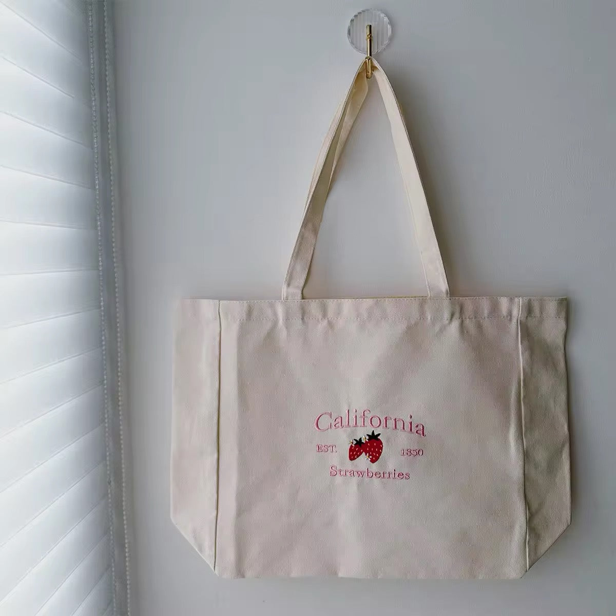 California Strawberries est. 1850 Canvas Baby Pink Embroidered Heavyweight Shopper Tote Bag