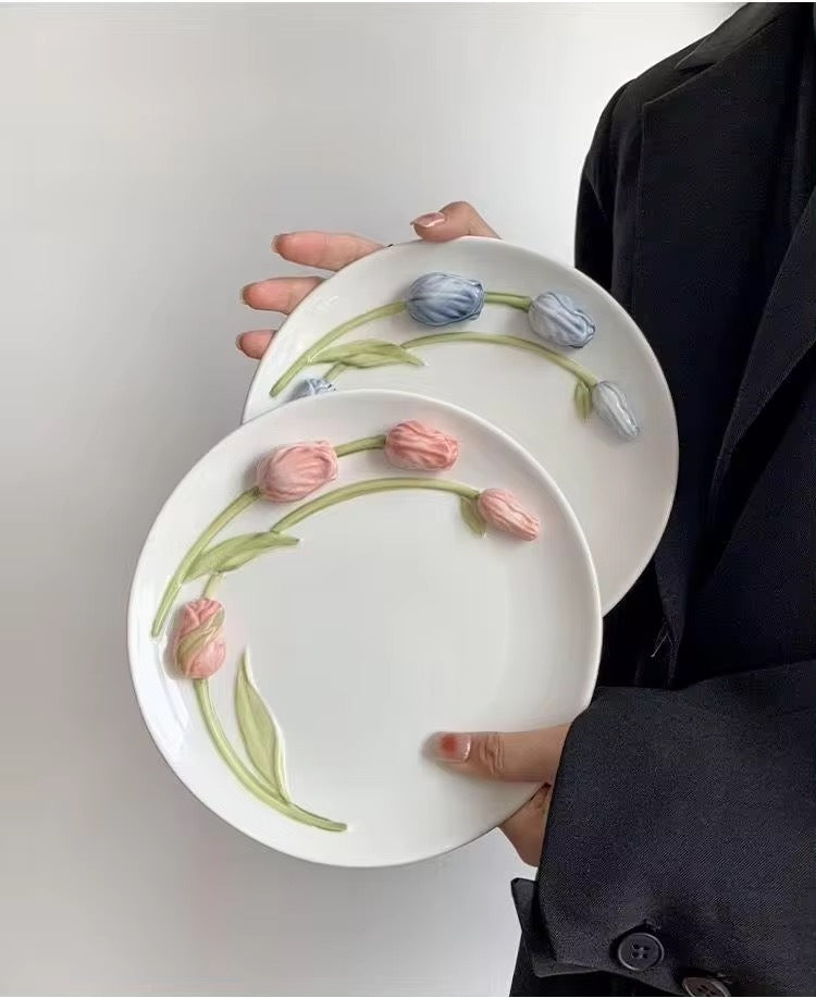 Tulip 3D Fairycore Ceramic Porcelain Mug And Plate Matching Set