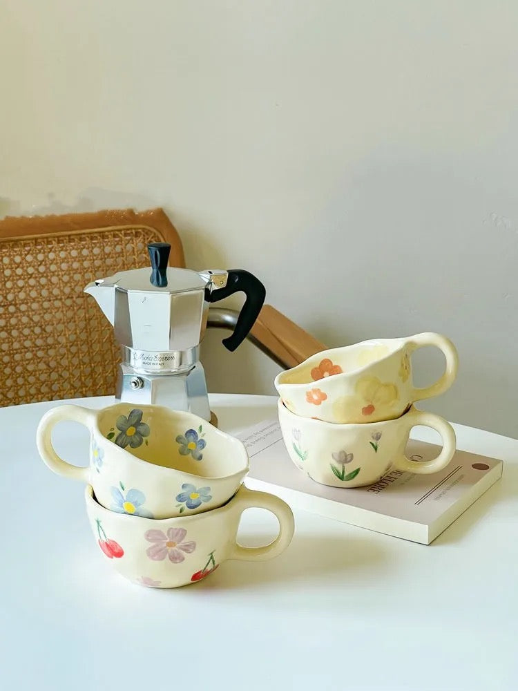 Cherry Blossom Floral Irregular Handmade Rustic Ceramic Porcelain Mug