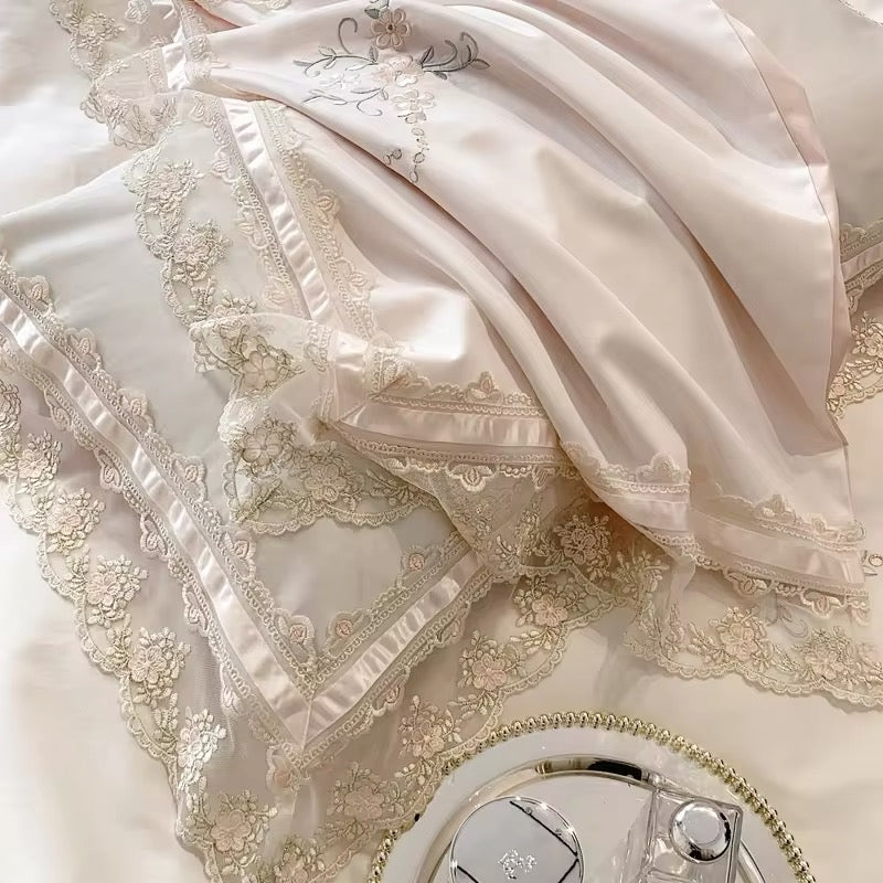 Floral Lace Pink Ribbon Satin Egyptian Cotton Vintage Embroidered Scalloped hem Duvet Bedding Set