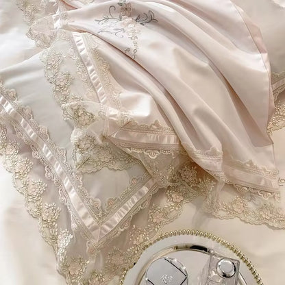 Floral Lace Pink Ribbon Satin Egyptian Cotton Vintage Embroidered Scalloped hem Duvet Bedding Set