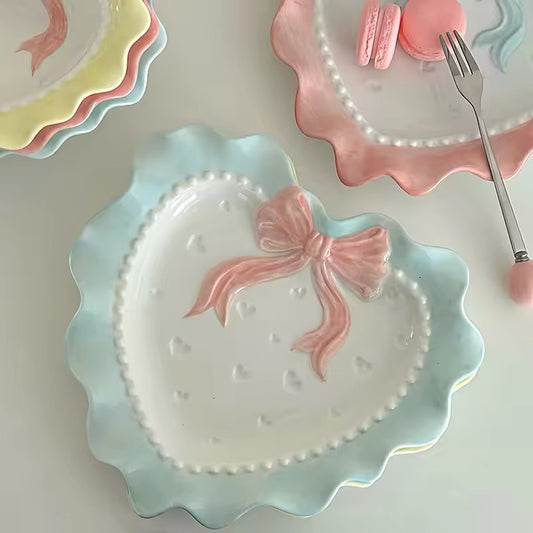 Frill Ceramic Bowl & Plate Set Pastel Pink Bow Vintage Style Kitchen Decor