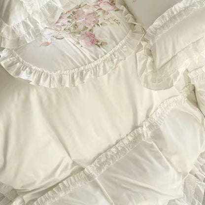 Floral Bouquet Pink English Rose Egyptian Cotton Vintage Ruffle hem Duvet Bedding Set