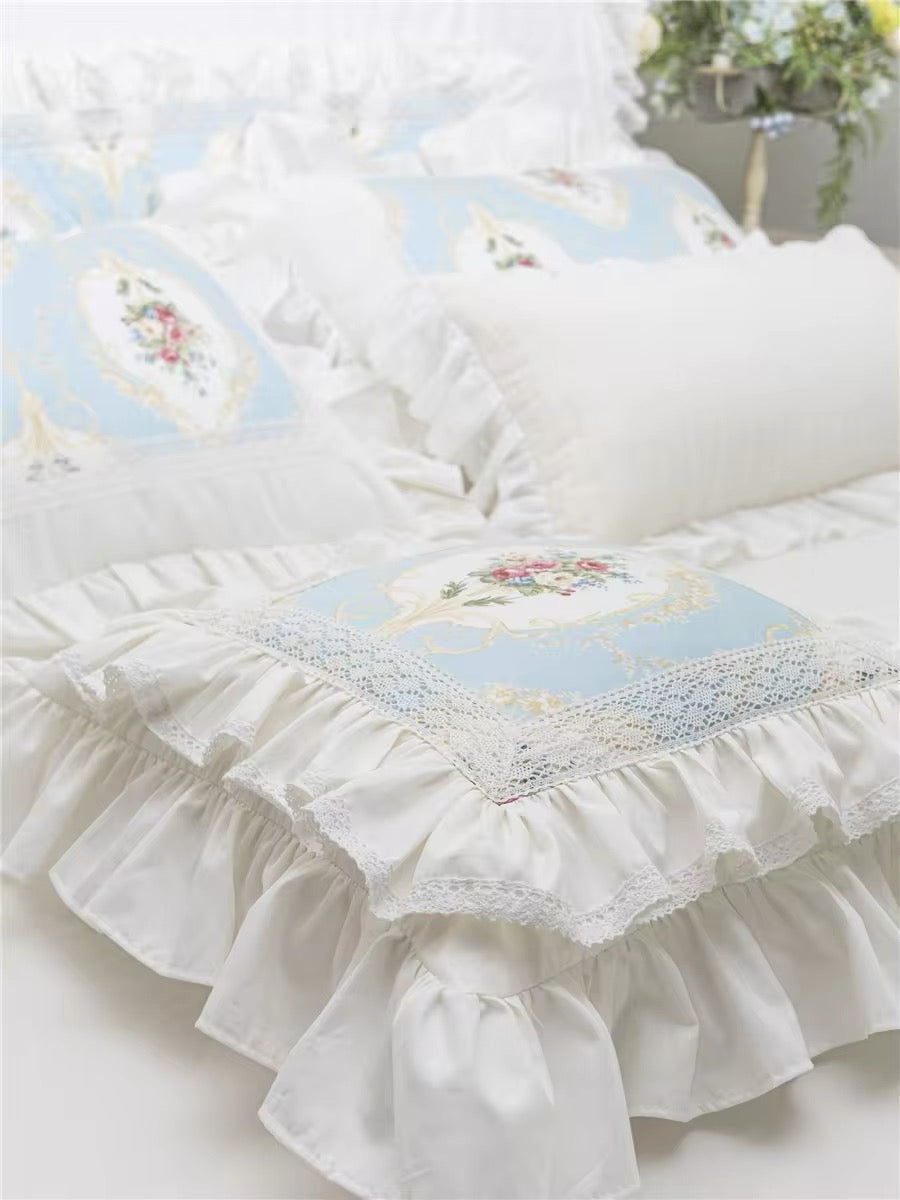 Pastel Blue Floral Pink Victorian French Bouquet Lace Princess Ruffle Hem Luxury Pillow Cover