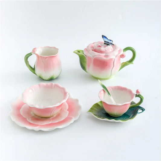 Fairycore Rose Petal Ceramic Teapot Teacup & Saucer Set Fantasy Whimsy Cottagecore Decor