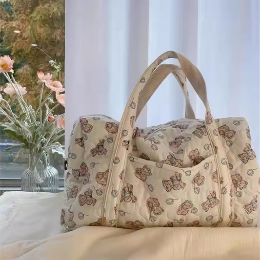 Quilted Vintage Teddy Bear Large Capacity Canvas Cute Shoulder Crossbody Bag