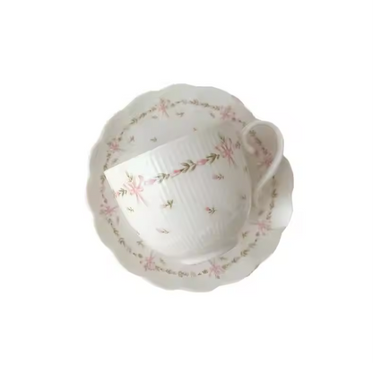 Floral Pink Ceramic Ribbon Porcelain Teacup And Saucer Set