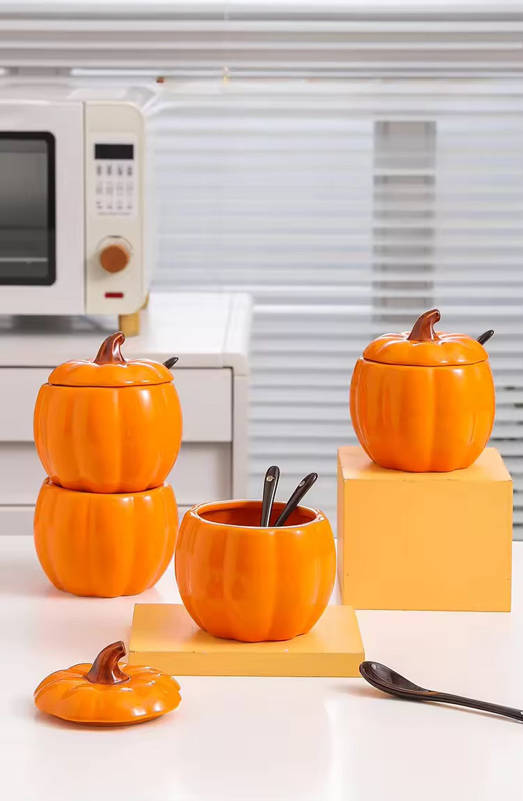 Autumn/Fall Vintage Pumpkin 3D Ceramic Handmade Sugar Bowl Jar & Spoon Set