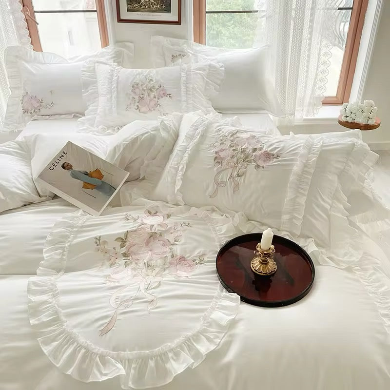 Floral Bouquet Pink English Rose Egyptian Cotton Vintage Ruffle hem Duvet Bedding Set