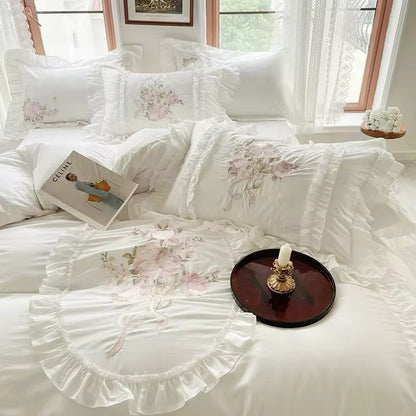 Floral Bouquet Pink English Rose Egyptian Cotton Vintage Ruffle hem Duvet Bedding Set