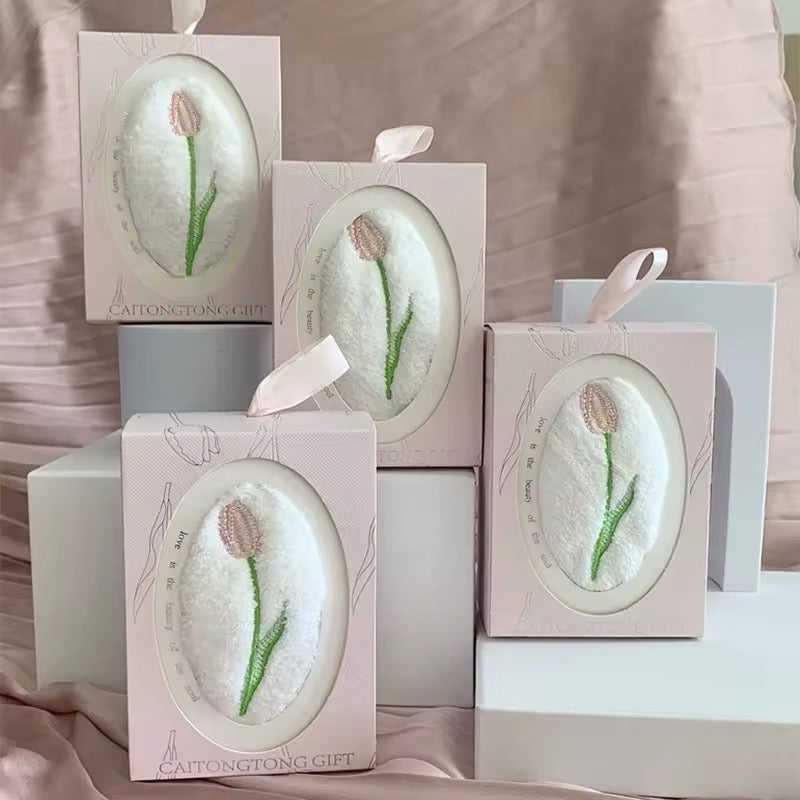 Tulip Pink Embroidered Hand Towel Gift Box Microfiber Flannel
