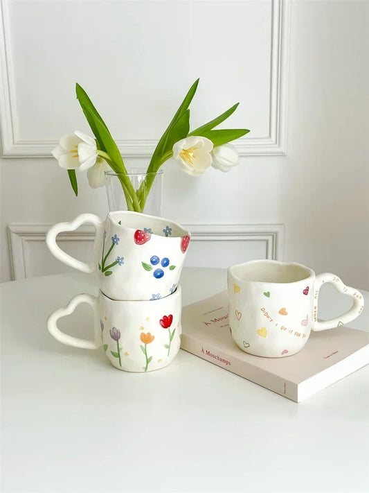Fruits Pattern Heart Handle Ceramic Handmade Mug