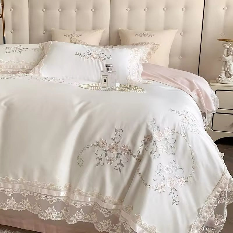 Floral Lace Pink Ribbon Satin Egyptian Cotton Vintage Embroidered Scalloped hem Duvet Bedding Set