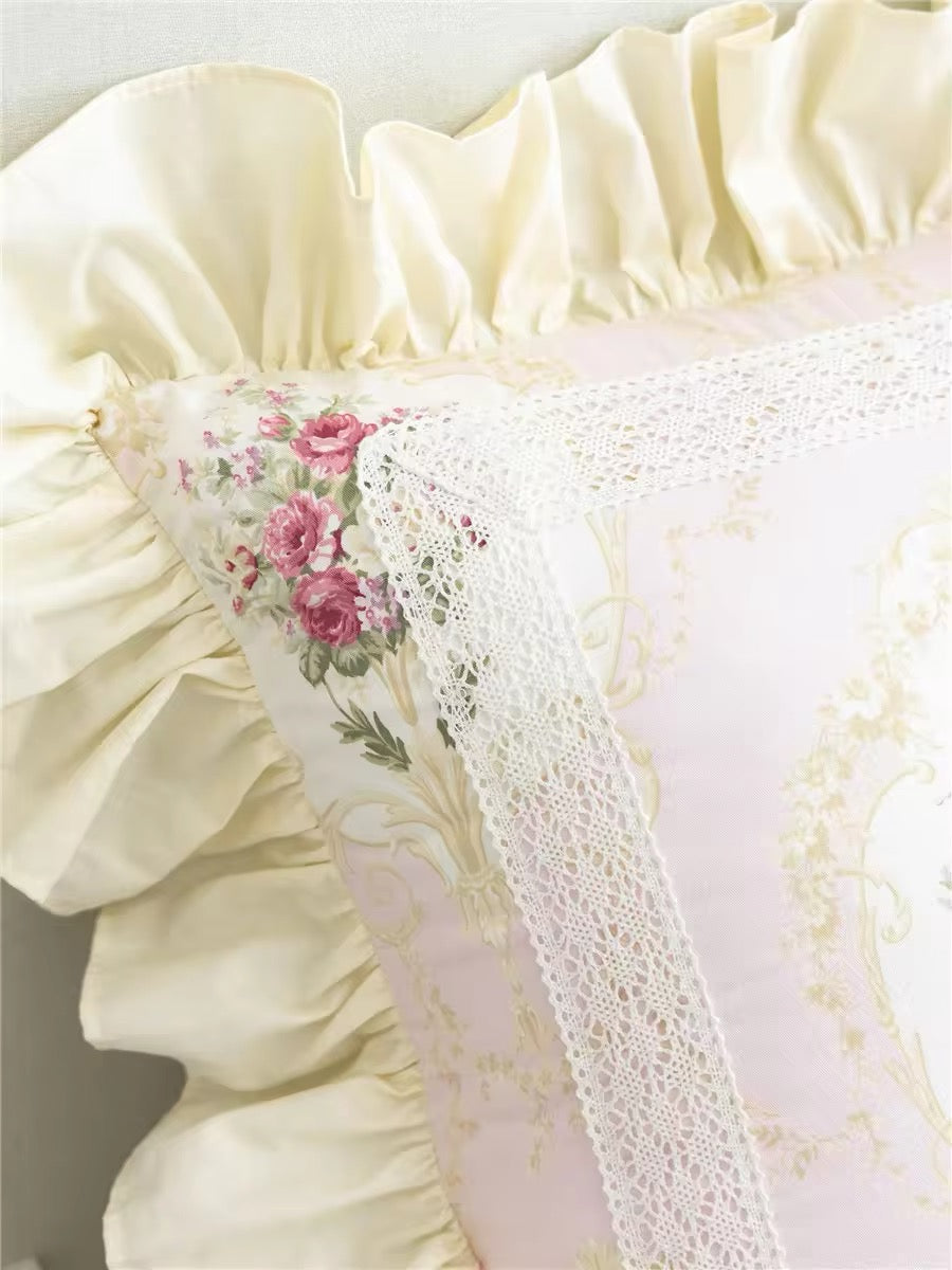 Pastel Yellow Floral Pink Victorian French Bouquet Lace Princess Ruffle Hem Luxury Pillow Cover