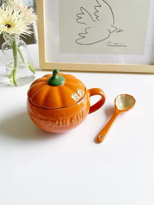 Autumn/Fall Vintage Pumpkin Large Ceramic Handmade Mug & Spoon Set