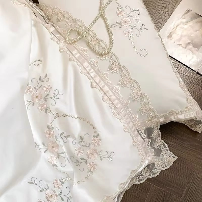 Floral Lace Pink Ribbon Satin Egyptian Cotton Vintage Embroidered Scalloped hem Duvet Bedding Set