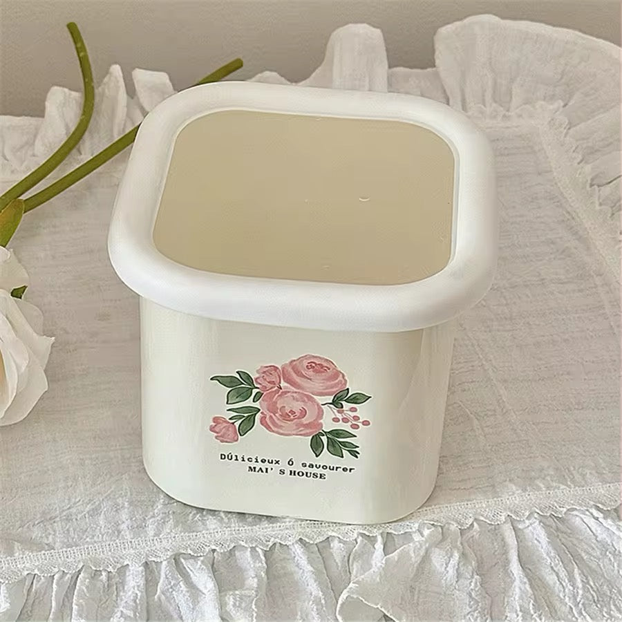Enamel Pink Rose Vintage Cottagecore Removable Lid Storage Container Jar Kitchenware Decor