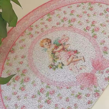 Elegant Baroque Kewpie Floral Pink Ribbon Vintage Door Mat Fibre Carpet