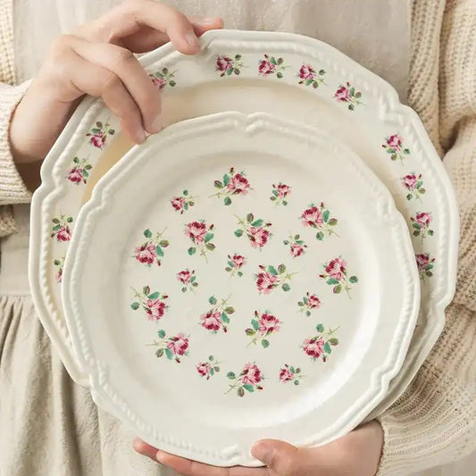 Rose Floral Ceramic Plate Set Vintage Style Kitchen Decor