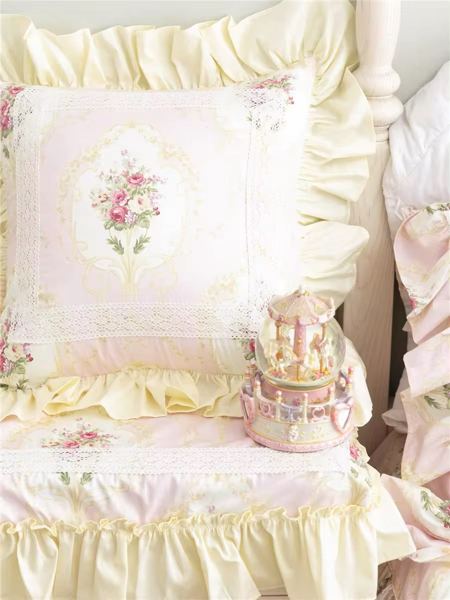 Pastel Yellow Floral Pink Victorian French Bouquet Lace Princess Ruffle Hem Luxury Pillow Cover