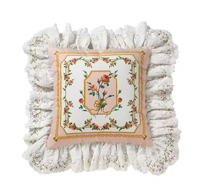 Floral Velvet Victorian French Bouquet Pink Princess Ruffle Hem Luxury Pillow Covers