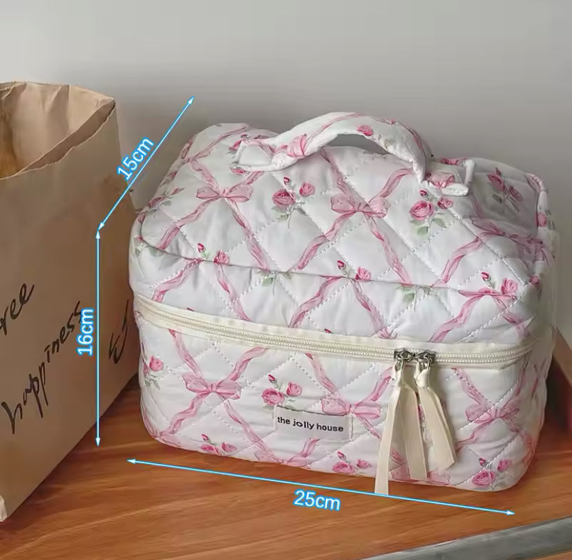 The Jolly House Quilted Cotton Coquette Style Bow Floral Cosmetic Organiser Bag 3 pcs Set