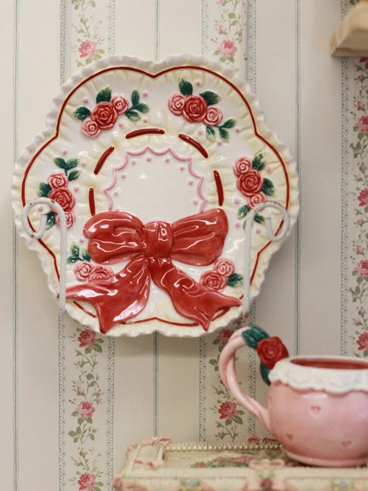 Red Rose Ribbon Handmade Ceramic Plate Bow Vintage Cottagecore Style Kitchen Decor
