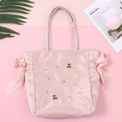 Maison De FLEUR Satin Teddy Bear Embroidered Ribbon Large Shoulder Bag