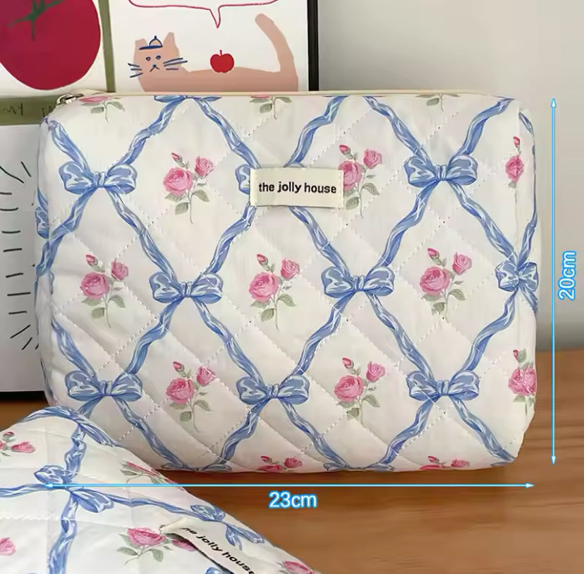 The Jolly House Quilted Cotton Coquette Style Bow Floral Cosmetic Organiser Bag 3 pcs Set