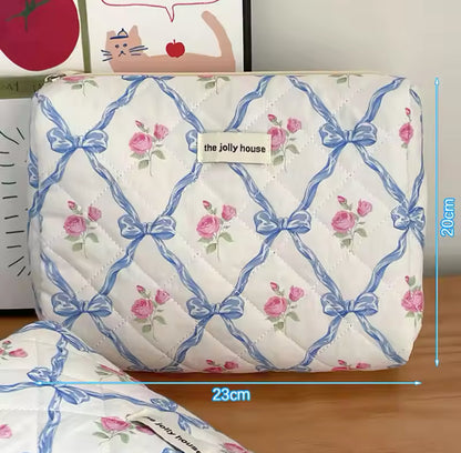 The Jolly House Quilted Cotton Coquette Style Bow Floral Cosmetic Organiser Bag 3 pcs Set