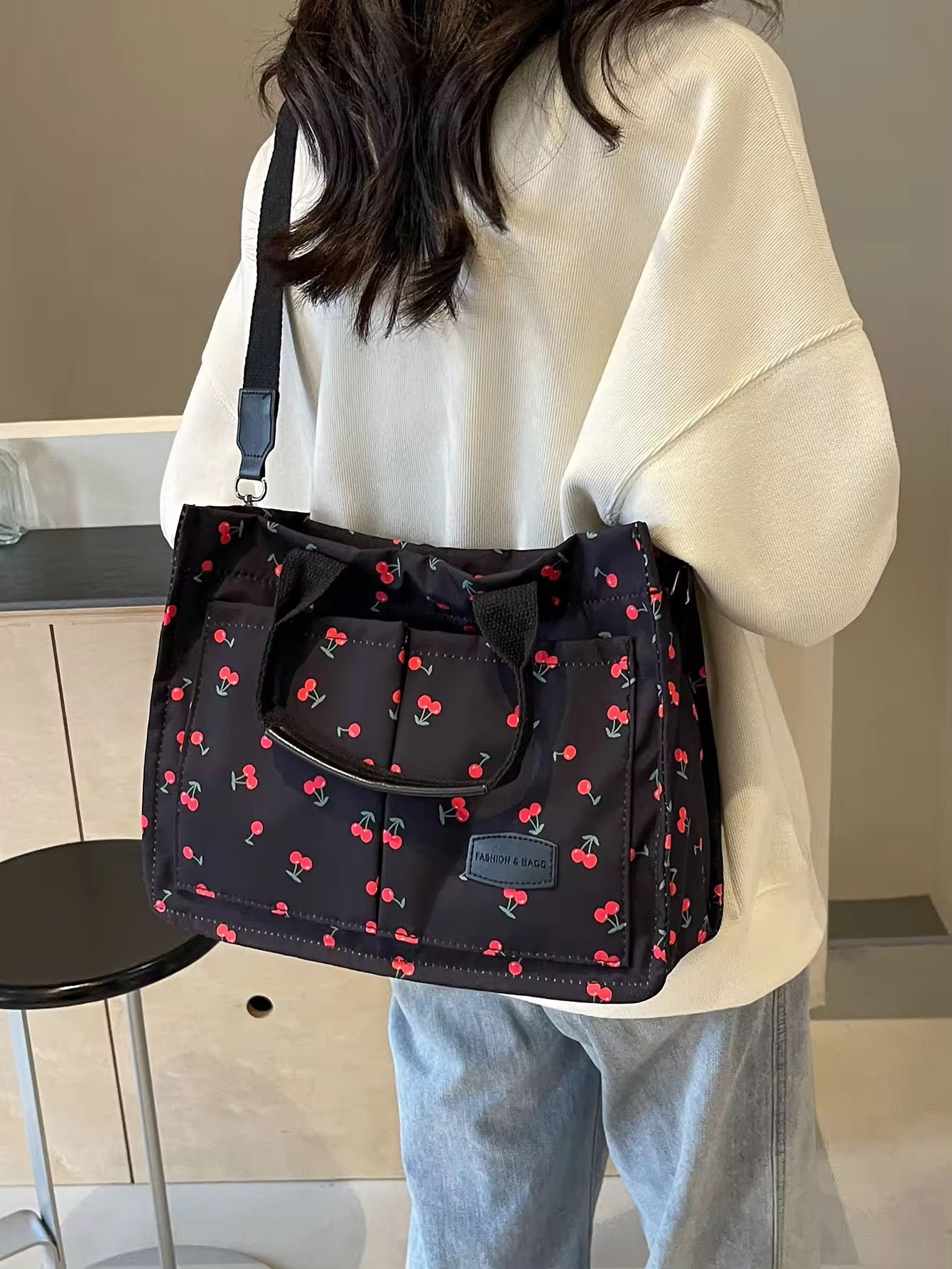 Cherries Print Puffer Crossbody Compartment Shoulder Bag