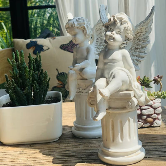 Matching 2pcs Stone Angel Cupid Pillar Vintage Statues