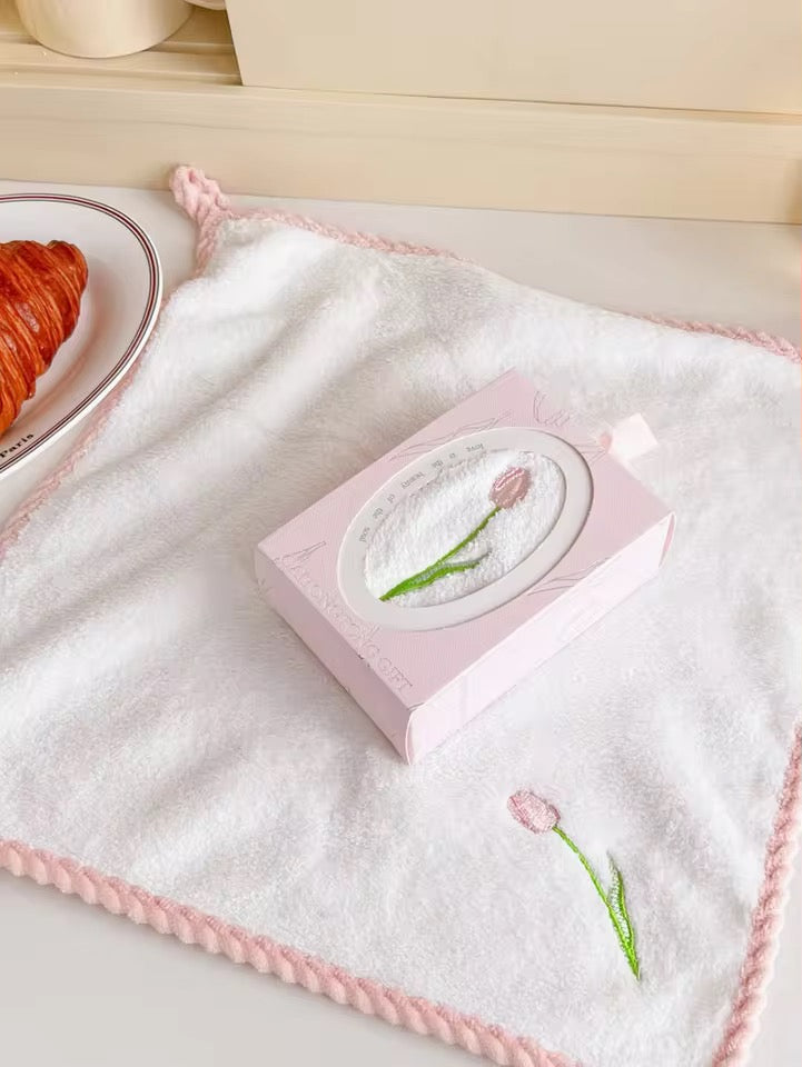 Tulip Pink Embroidered Hand Towel Gift Box Microfiber Flannel