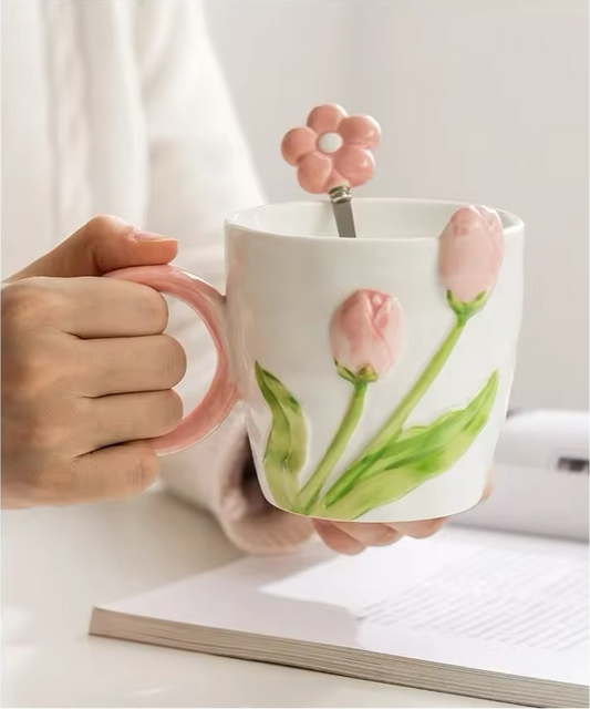 Tulip 3D Ceramic Porcelain Mug And Spoon Set