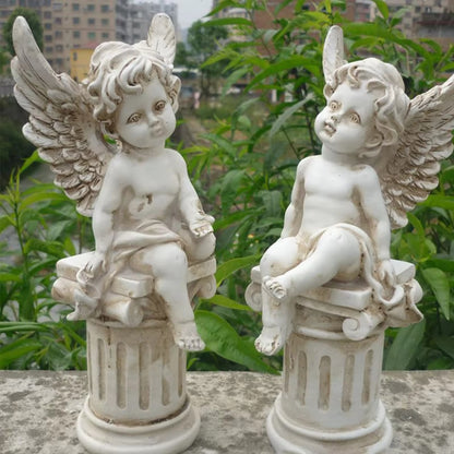 Matching 2pcs Stone Angel Cupid Pillar Vintage Statues